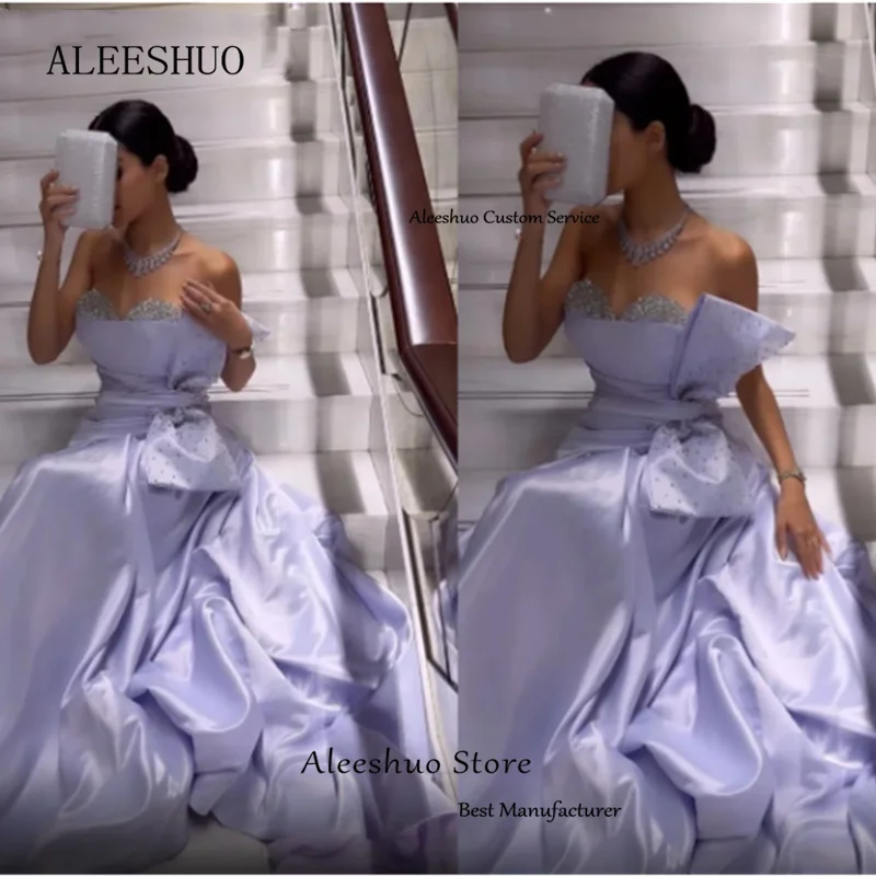 Aleeshuo Elegant Lilac A-Line Prom Dress Beaded Sequined With Bow Evening Dresses Sweetheart Simple Party Dress فساتين السهرة