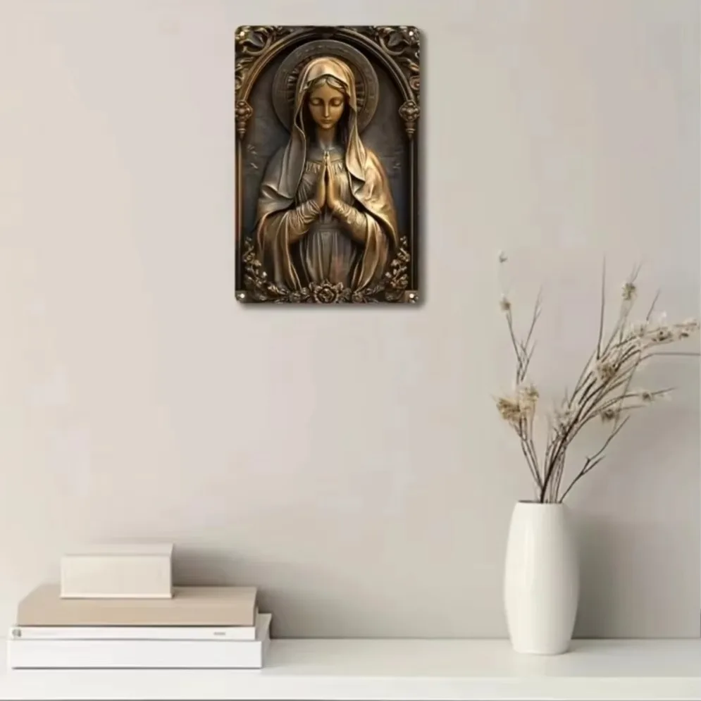 "Letrero vintage de la Virgen María Sagrada – Decoración de lata de bronce para regalos y habitaciones"