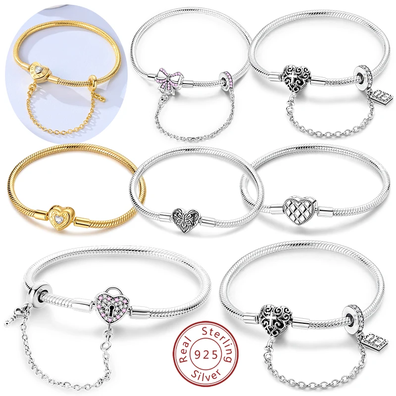 سوار الأصلي 925 فضة سحر سوار الذهب القلب فراشة سلسلة أمان سوار 17-20 سنتيمتر للنساء هدايا مجوهرات