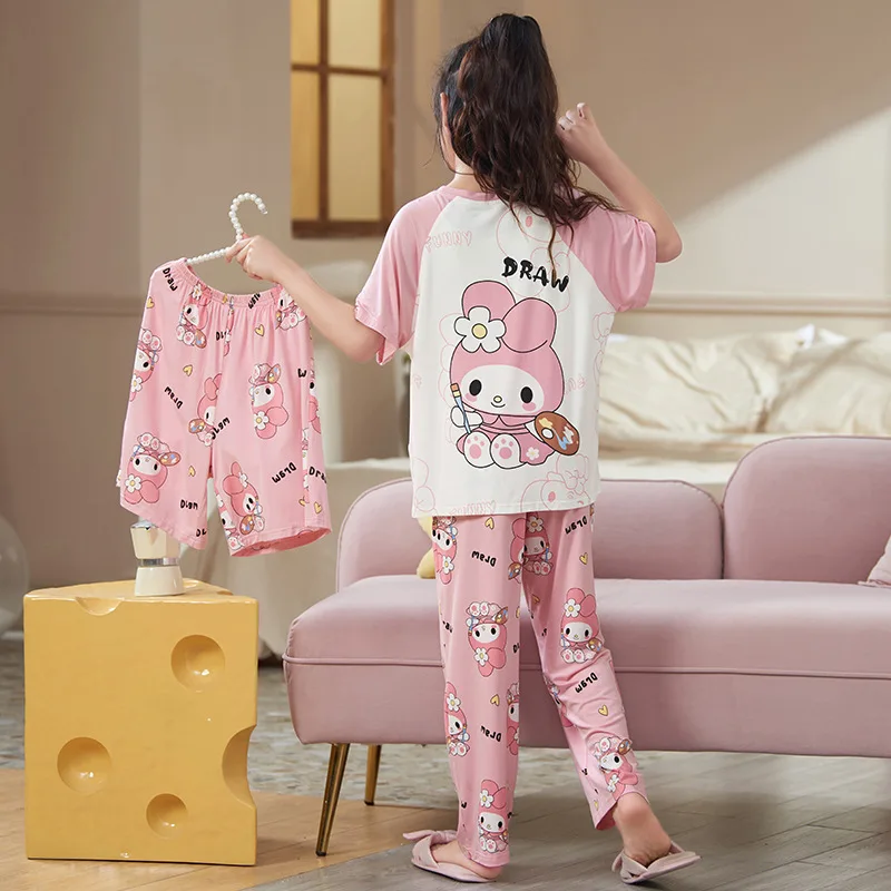 Sanrio 2024 New Girls Pajamas Pajamas Pants Three-Piece Set Summer Home Clothes Cartoon My Melody Kuromi Girls Clothing Gift