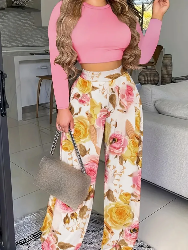 Autumn Casual Fashion Two-piece Set Female Solid Long Sleeve O-Neck Tops & Floral Print Wide Leg Pants Outfits Women\'s Clothing