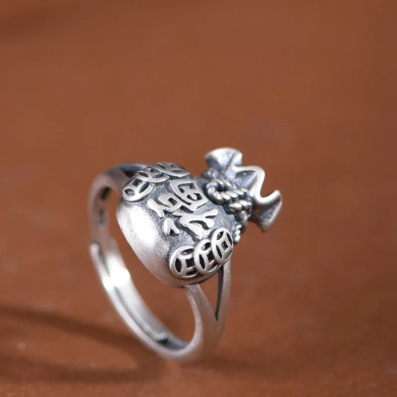 

Винтажные женские кольца из стерлингового серебра 925 пробы, кольцо с изменяемым размером и сумкой для монет удачи, обручальные кольца в китайском стиле, Изящные Ювелирные изделия