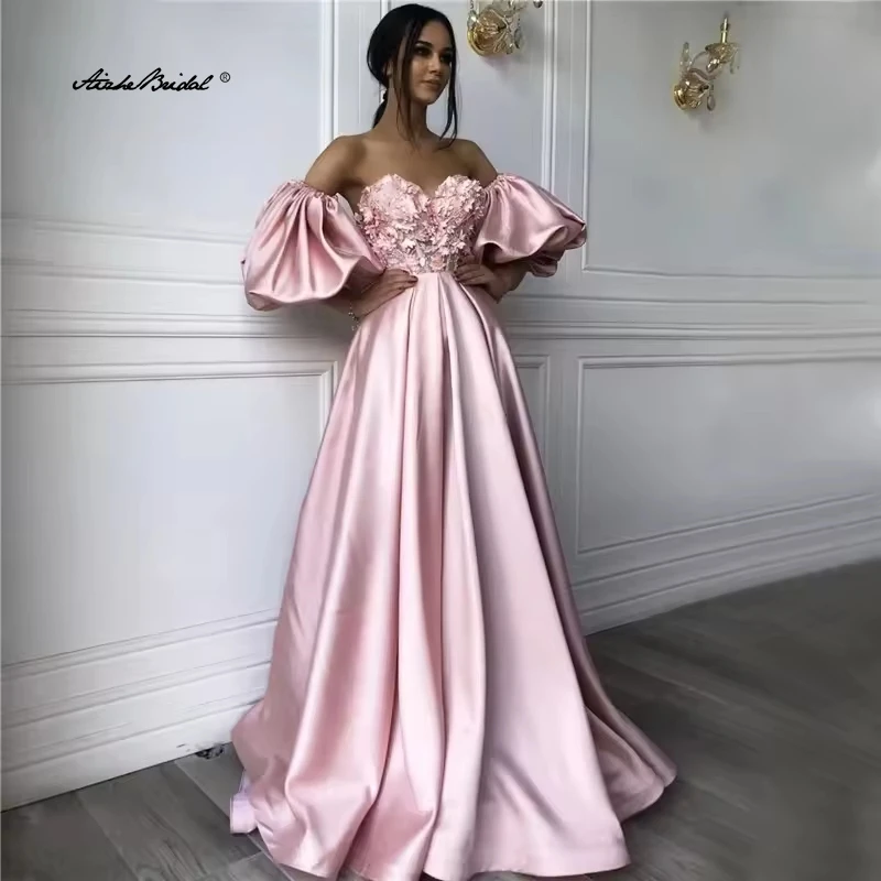 

Pink Sweetheart Neck caftan Evening Dresses Flowers Full Sleeve Arabic Special Occasion Dresses Evening Party Gowns
