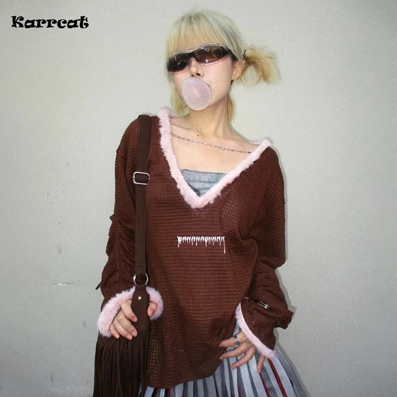 Karrcat Grunge Patchwork Knitted Pullover Fairycore Sweet V-neck Sweater Harajuku Y2k Hollow Out Jumpers Vintage Streetwear 90s