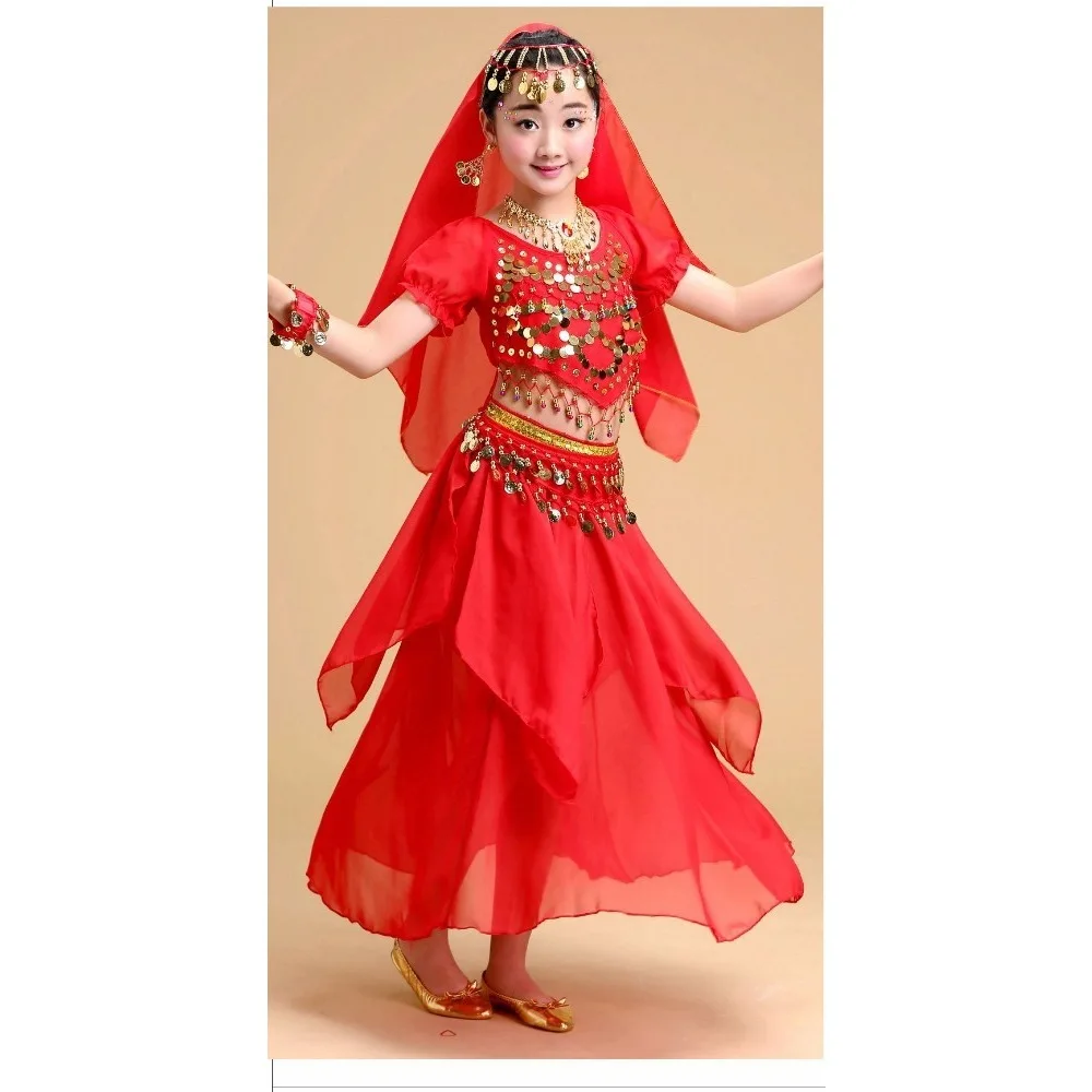 Set di danza popolare del ventre indiano per ragazze - Costume da spettacolo con gonna rotante ricamata