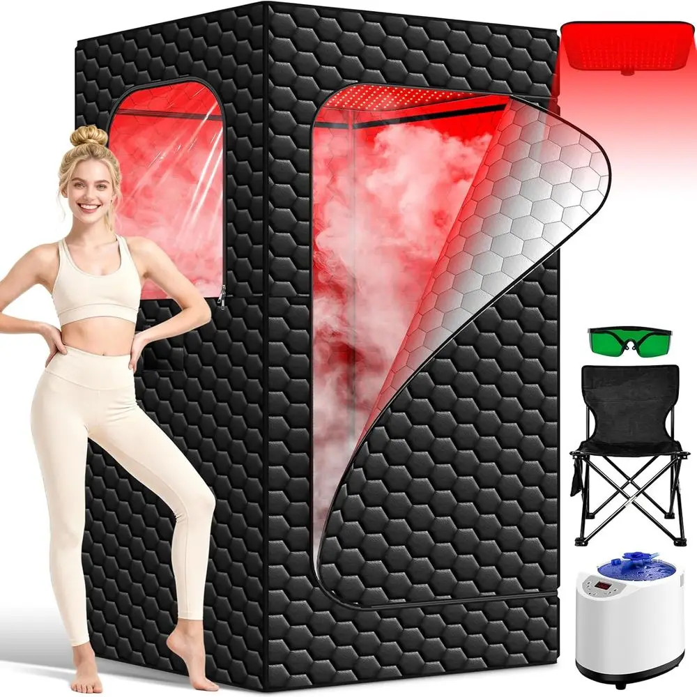 

Portable Home Steam Sauna Tent with Dry Sauna, Red Light Therapy, 3L/1200W Steamer, 15 Heating Levels, and Chair