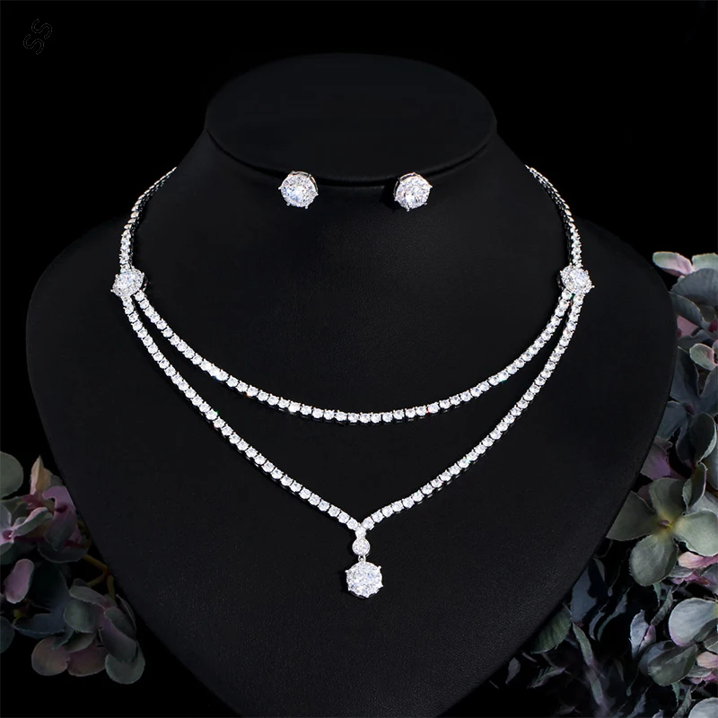 

Fashion Full Diamond Inlaid Simple White Zircon Necklace and Earring Studs for Women's Jewelry 2 Piece Sets Accessories