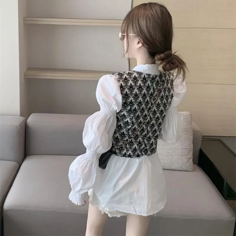 Women's Summer 2024 New Retro Spliced Polo Shirt Button Fashion Solid Lantern Sleeve Shirt Printed Vest Versatile Casual Suit