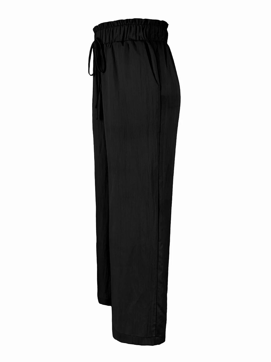 Herbst Winter Damen Hose mit Hoher Taille und Geradem Bein Lässige Weite Hose mit Kordelzug Elastischer Bund und Taschen Einfarbig – Detail 5