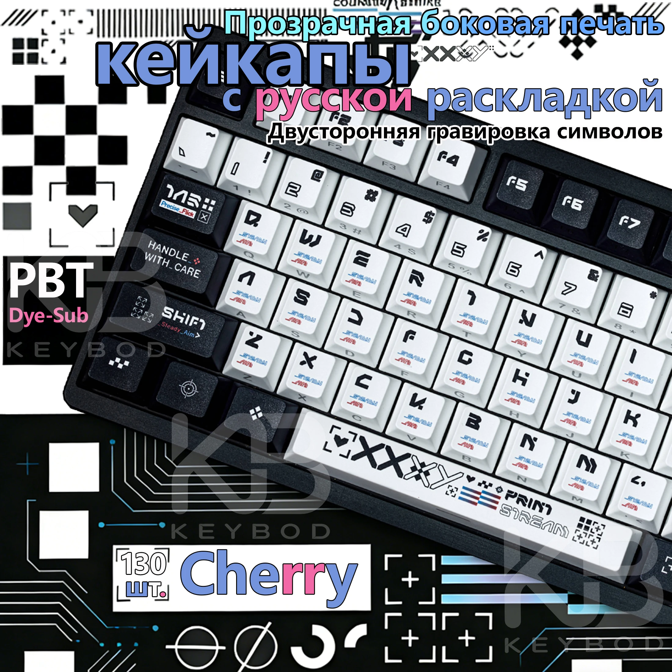

Russian Keycaps Backlight Side Print Shine Through Anime PBT Key Cap 75% Cherry Profile Double Shot Dye Sub for Keyboard 130-Key