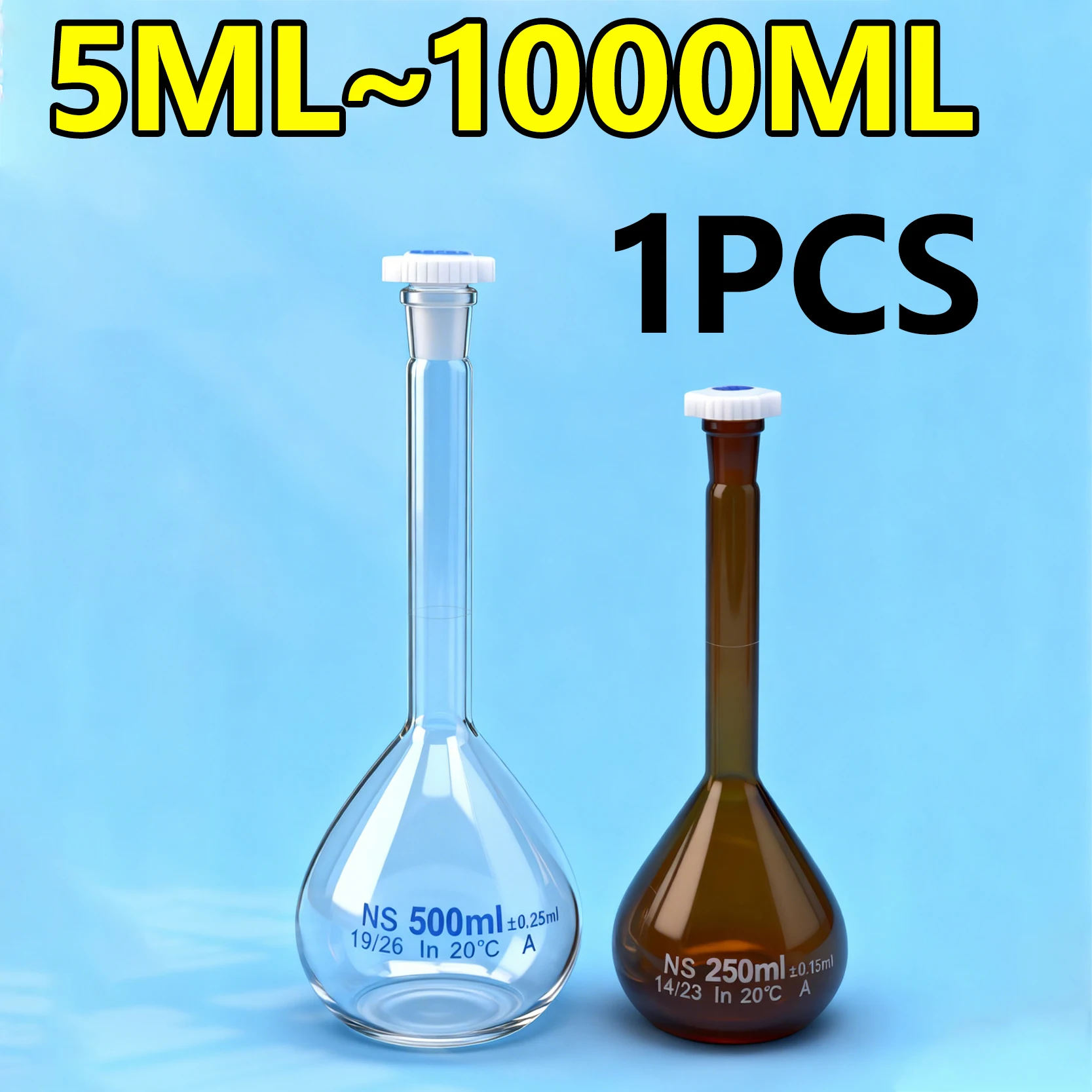 1 piece Glass volumetric flask with plastic stopper transparent/brown volumetric flask 5ml~1000ml laboratory glassware
