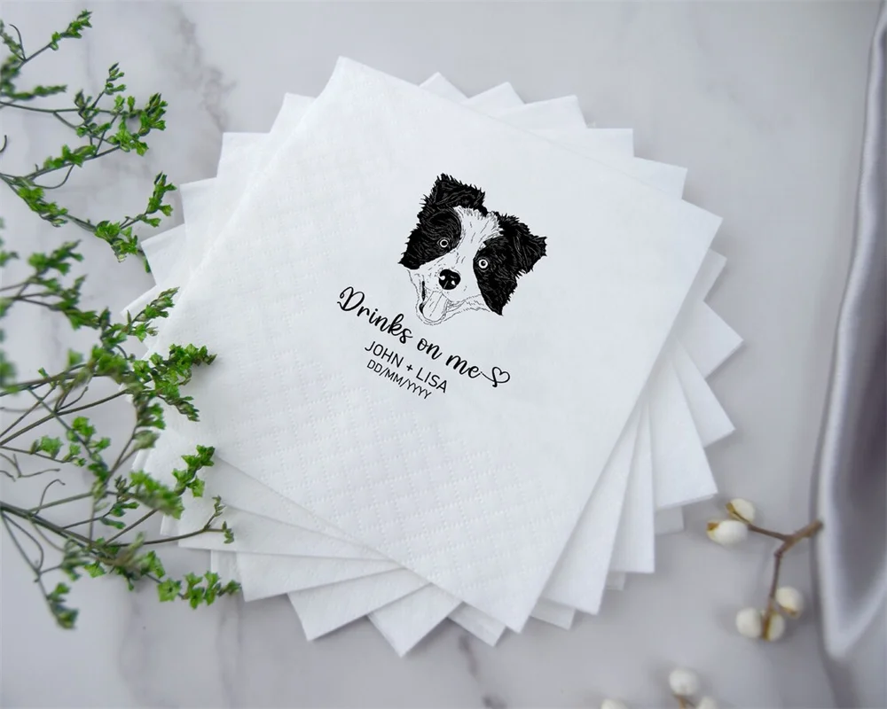 Custom Illustrated Dog Wedding Napkins | Custom Pet Wedding Napkins | Custom Paper Napkins | Custom Engagement Napkins |Personal