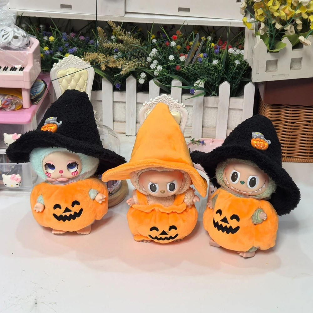 

For 15cm/17cm Labubu Doll Clothes Halloween Cosplay Pumpkin Plush Clothing Accessory Funny Cute With Hat 2-Piece Set