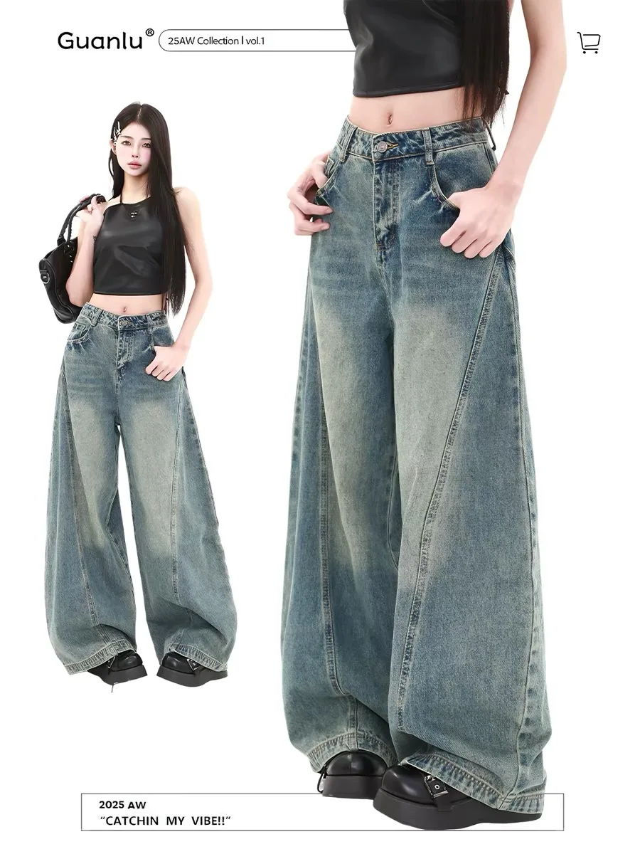 

American Sle High Waist Wide Leg Jeans Women's Small Size Spring Autumn Loose Fit Denim Pants Casual Straight Cut Trousers
