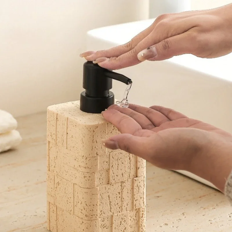 Modern Minimalist Travertine Texture Lotion Dispenser, Luxury Press Pump Hand Soap Bottle for Bathroom Sink, Sleek Home Decor