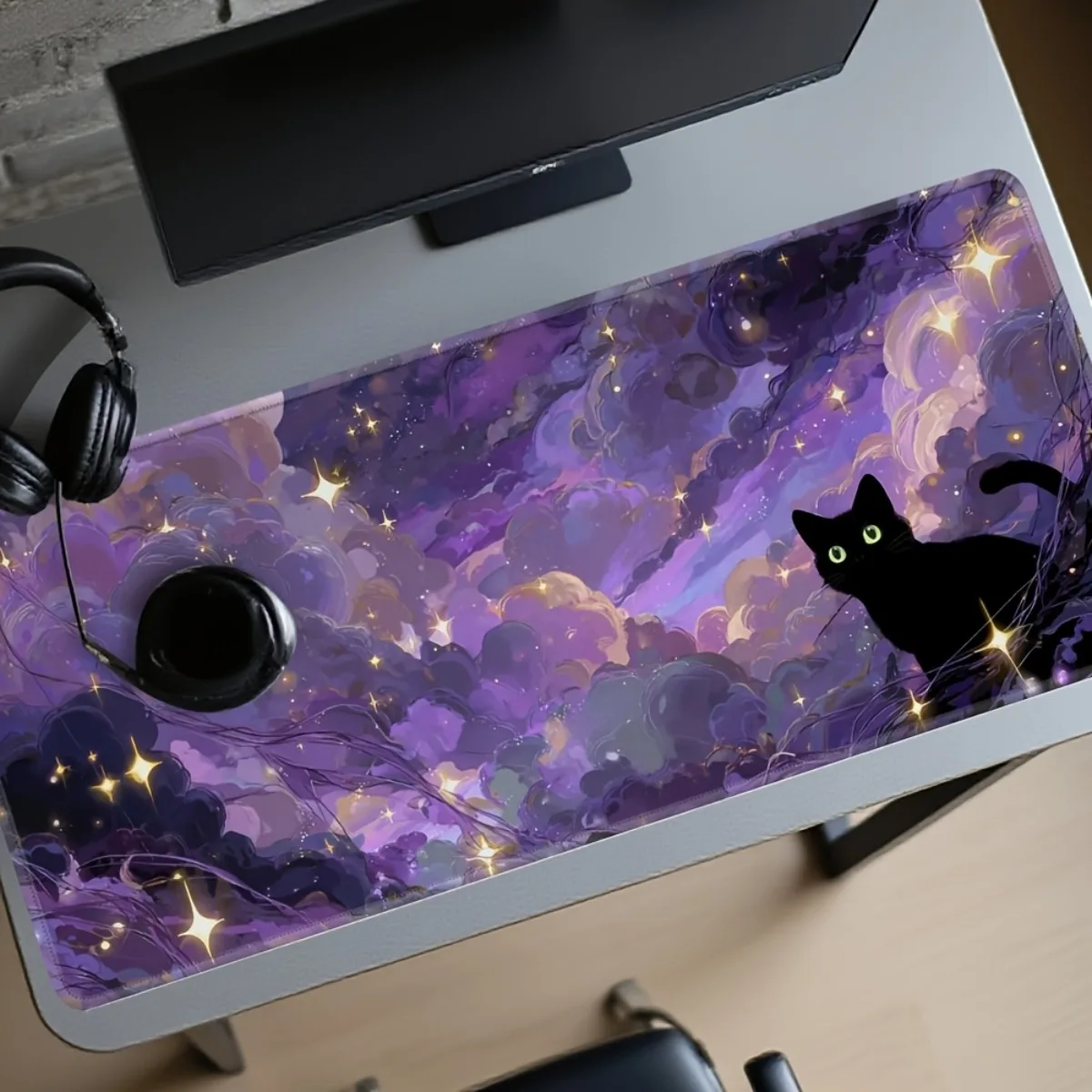 Aesthetic 2D Mouse Pad Rubber Non-Slip Black Cat Mystical Purple Sky Large Gaming Desk Mat
