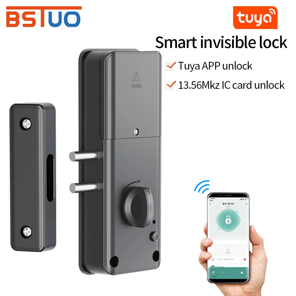 Tuya APP Smart Home Bluetooth Door Lock 13.56Mhz IC Card Motor Lock Invisible Keyless No Drill Hole Installation support Gateway