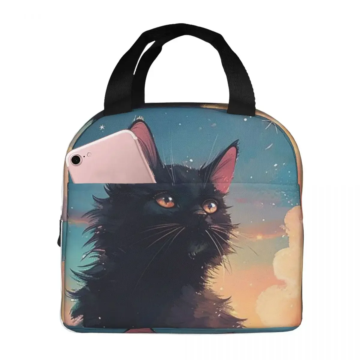 Night Black Cat On The Clouds Insulated Lunch Bag for Women Children Portable Food Boxes Thermal Lunch Box Tote