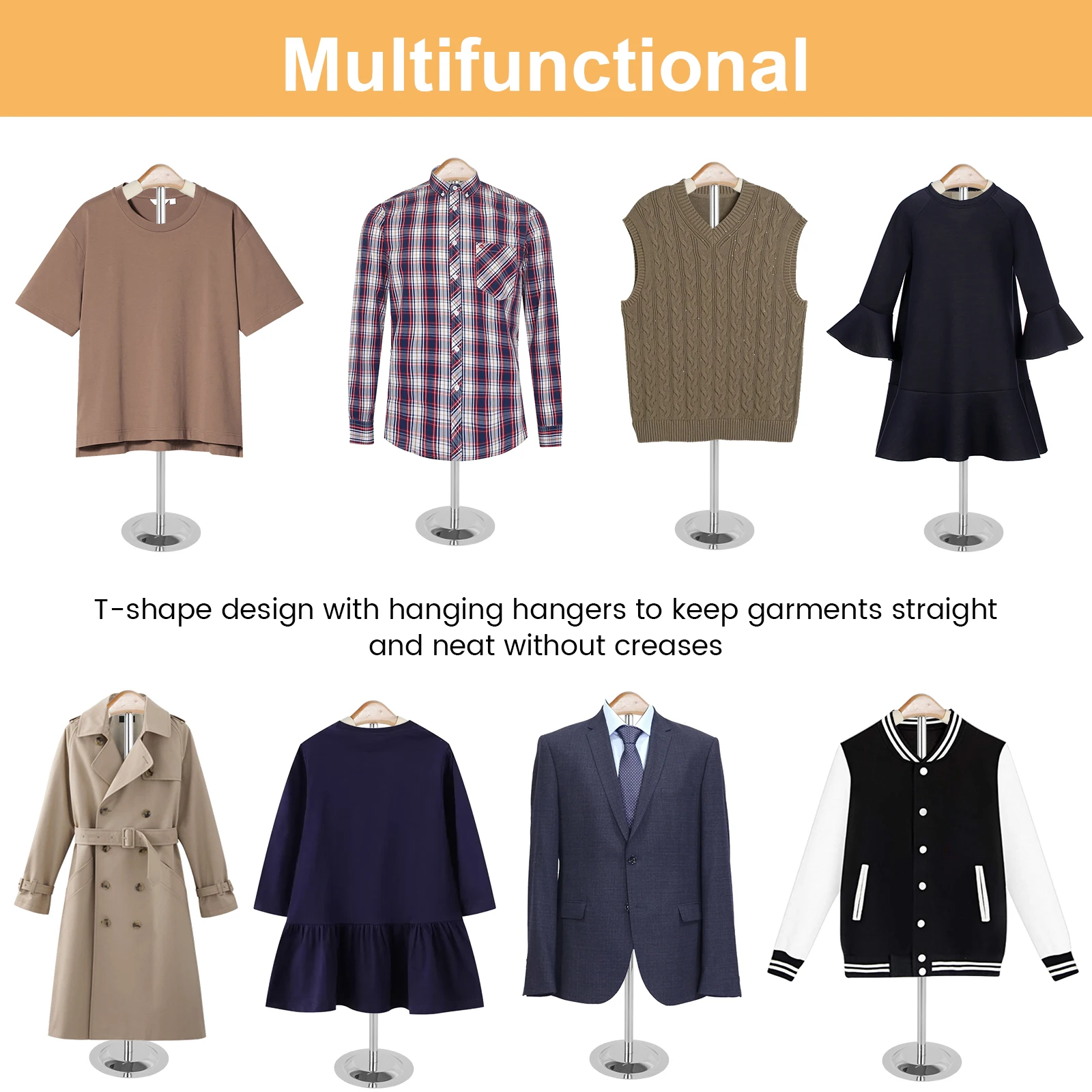 حامل عرض تي شيرت بارتفاع قابل للتعديل، حامل عرض الملابس المعدنية مع قاعدة ثابتة، ملابس معلقة متعددة الأغراض