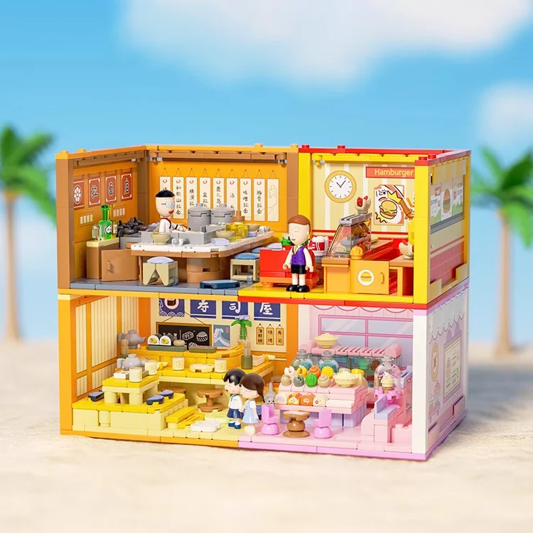 

WEteki Chibi Maruko-chan штабелированные домики, набор строительных блоков, магазин с видом на улицу, собранная модель игрушки для домашнего декора, праздничные подарки