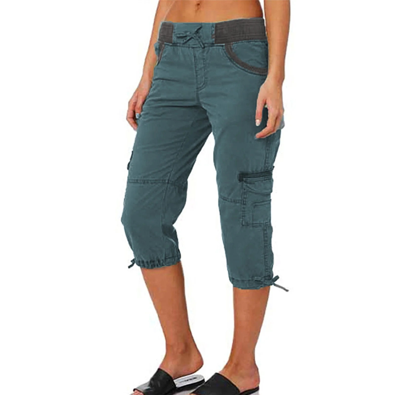 Women's Summer Seven-Point Cargo Pants Multi-Pocket Drawstring Elastic Waist Sports Pants Streetwear Casual 7-point Overalls