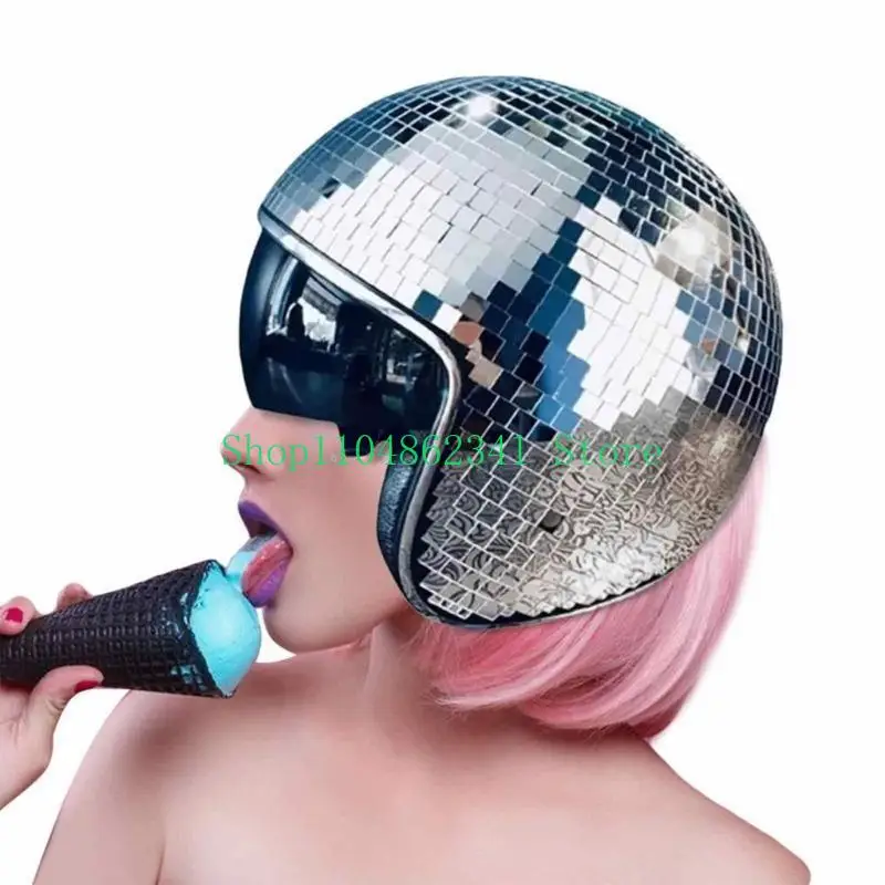 652F Vacation Helmet Shining Mirror Reflective Gleaming Glass Cap for Club Carnivals Music Festival Cool Disco Party