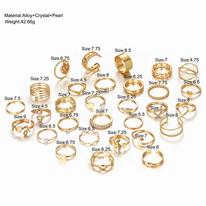 Vintage Goldfarben Zirkon Herz Schmetterling Hohlketten-Ringset Boho Simulierte Perlen Geometrische Ringe für Damen Schmuck – Detail 6