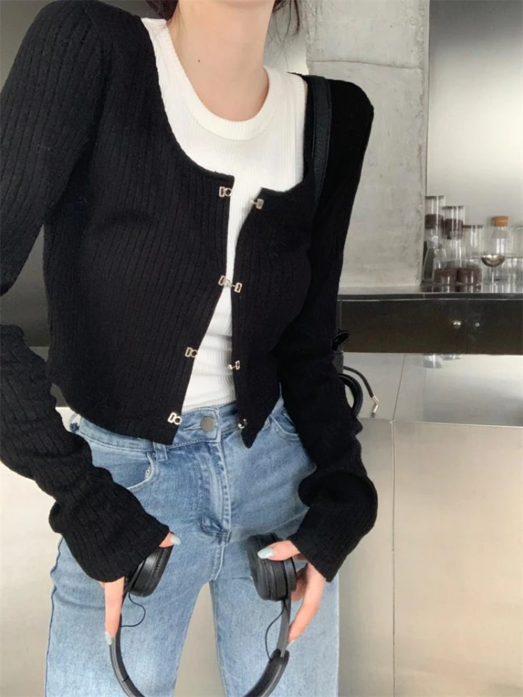 Y2K Women Knitted Cropped Cardigan + Sleevelees Tank Tops 2ps Korean Style Chic Casual Two Pieces Sets Cardigan Streetwear Tees