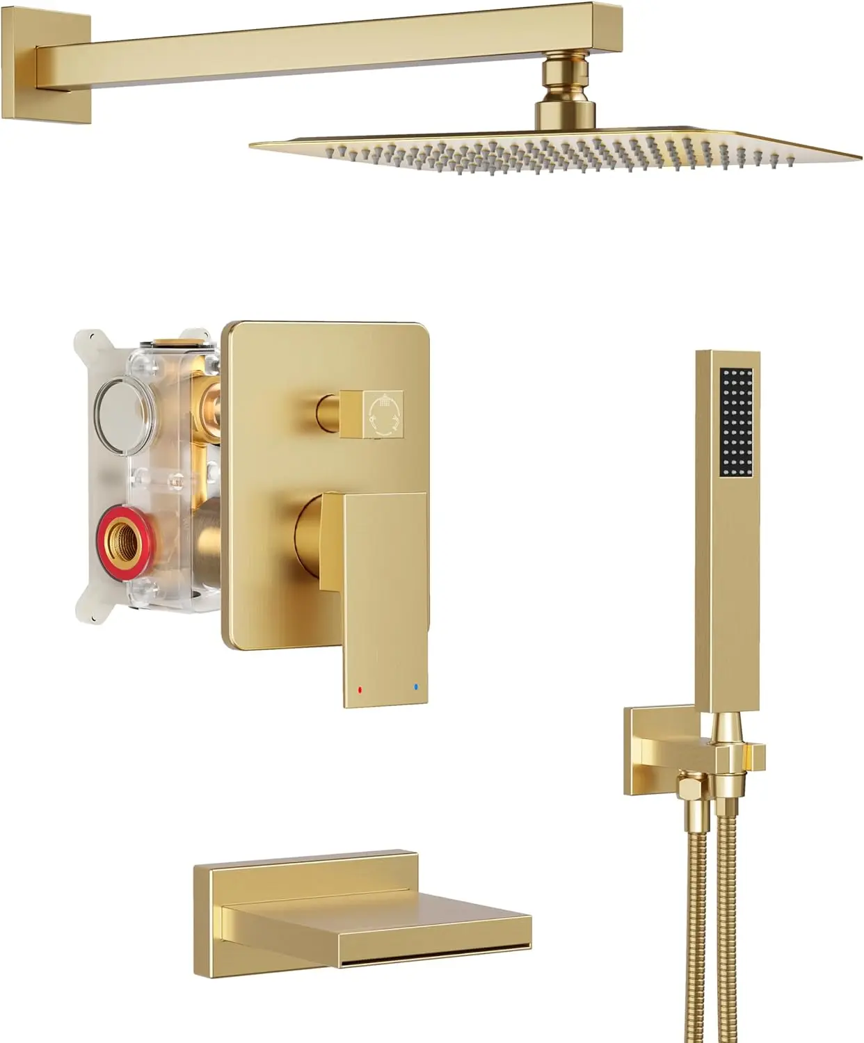 

All Metal Tub Shower Faucet Set with 10" Rain Shower Head and Handheld Spray, Wall Mounted, Brushed Gold
