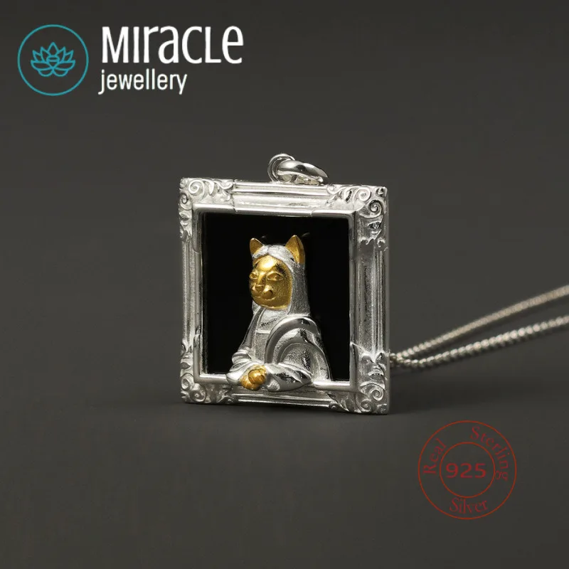 

Miracle Sterling Silver 925 Original Necklace In Classic Famous Painting Mona Lisa Cat Fun Pendant Art Student Artistic