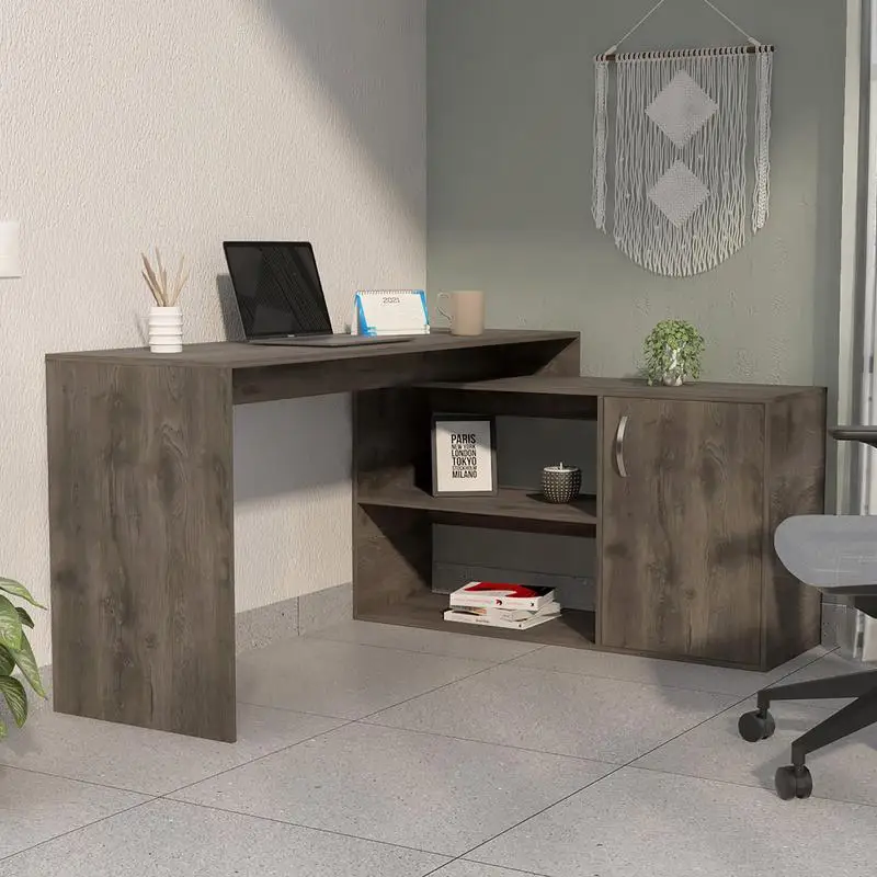 L-Shaped 2-Shelf Writing Desk, Dark Brown Wood Finish, Modern Design for Home Office