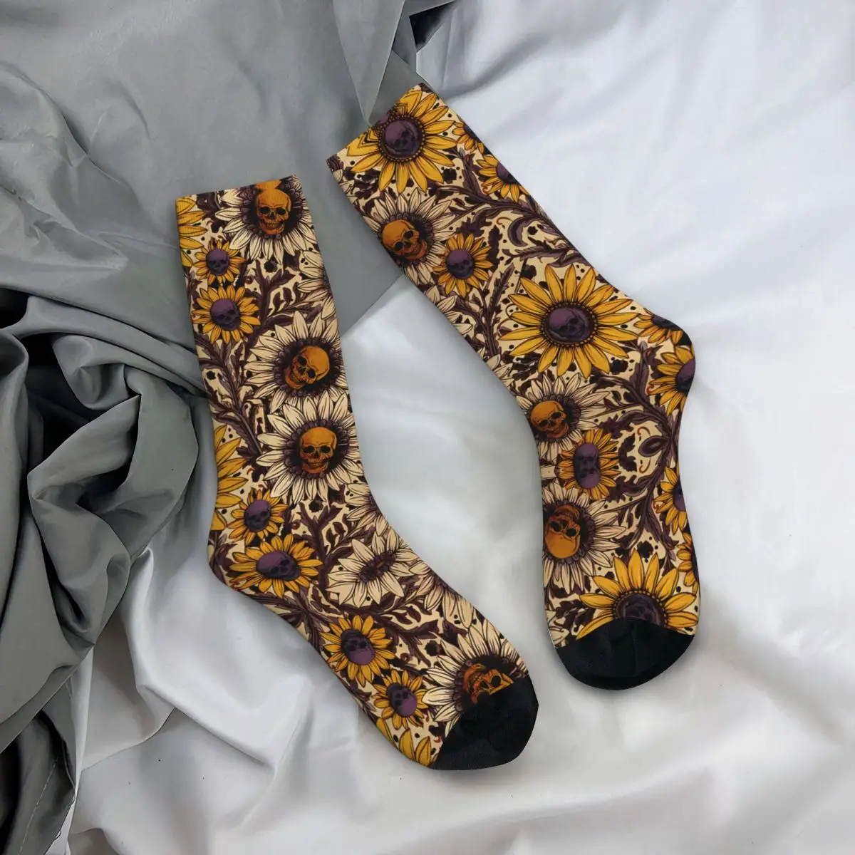 Vintage Macabre Floral Skull & Sunflower Pattern In calze a compressione da uomo viola e oro Unisex Harajuku Seamless Crew Sock