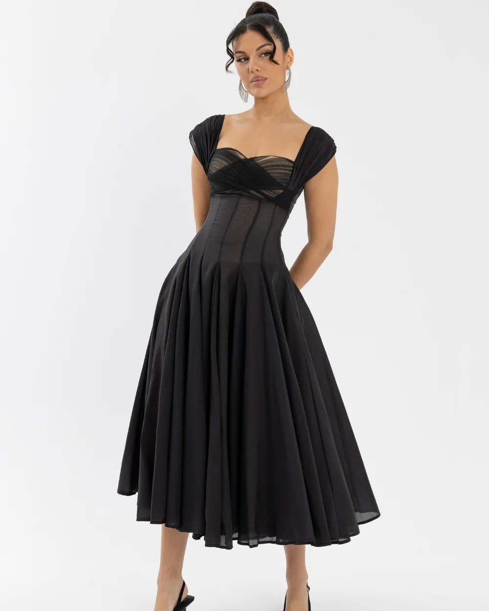 Customized Sexy Fashion Pleat Ruched A-line Square Neck Midi Dresses Bespoke Occasion Dresses Sizes Available High Quality