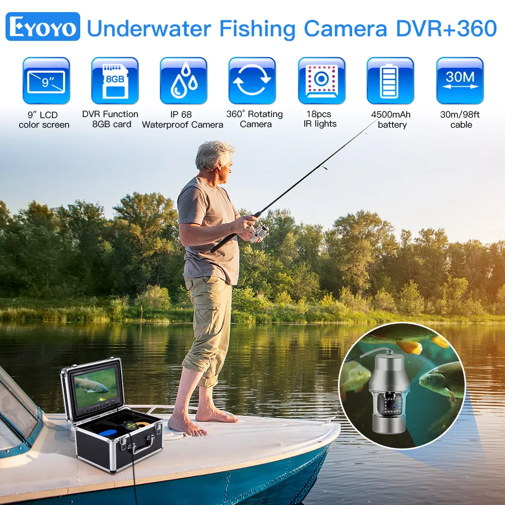 Eyoyo 9 Inch Underwater Ice Fishing Camera Kit With DVR Function 360° Horizontal Rotation Camera 1000TVL Remote Control IR Light