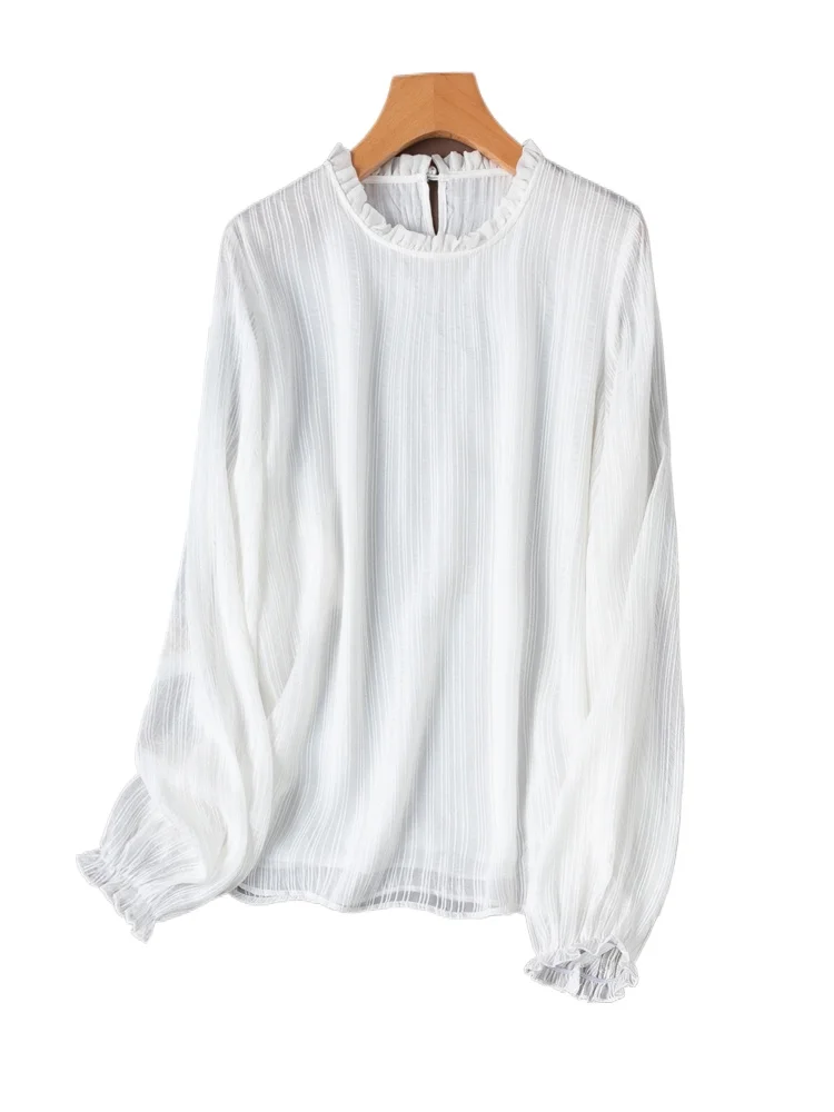 2025 Women's Fashion New Natural 50% Natural Mulberry Silk White French Commuter Long Sleeve Ear Collar Long Sleeve T-shirt