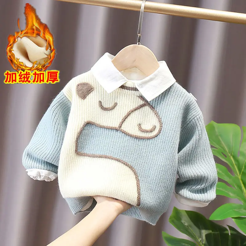 

Boys' Sweater Pullover Children's Sweater Thickened Baby Boys' Coat Autumn and Winter Fleece-Lined Thickened