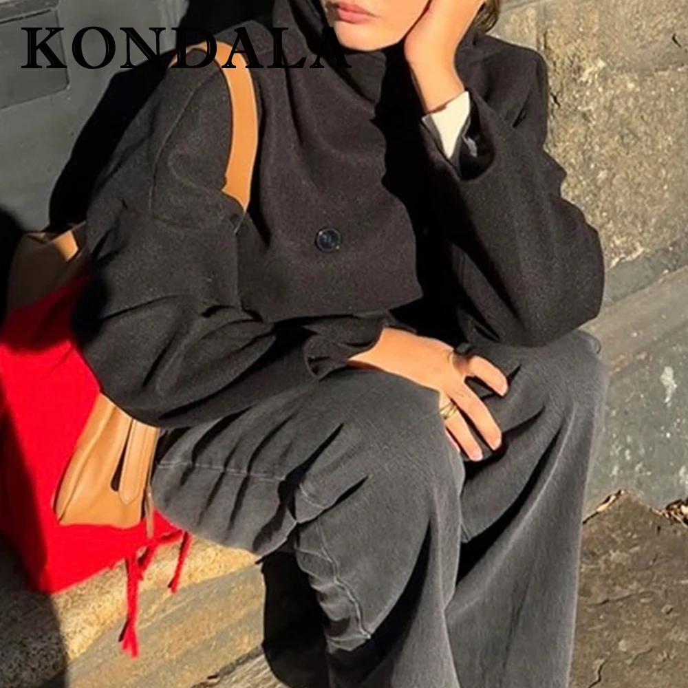 

KONDALA шикарное модное элегантное осеннее однотонное женское пальто 2025 года, двубортное пальто с карманами и длинными рукавами, свободная женская элегантная верхняя одежда