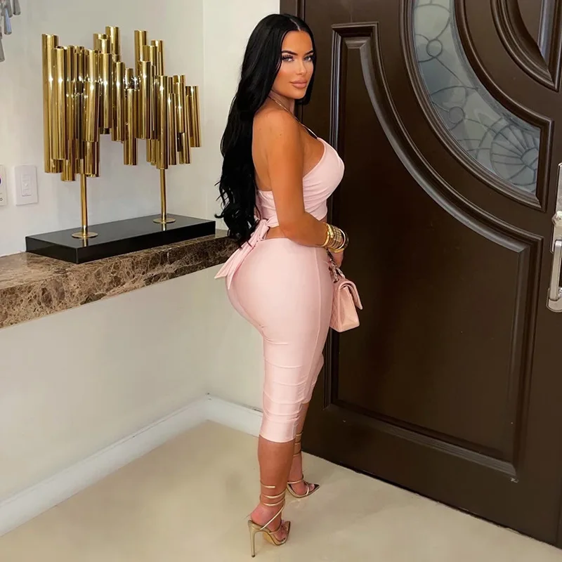 STYLISH LADY Metal O Ring Halter Cut Out 2 Piece Set Cross Wrap Crop Top Ruched High Waist Capri Pants Sexy Club Bodycon Outfits view 2