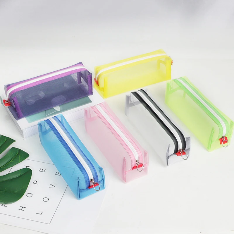 Solid Color Transparent Mesh Pencil Case School Student Supplies Zipper Pencil Bag Pen Box Stationery Storage Bag