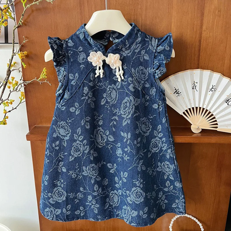 Girls' National Style Buckle Cheongsam Dress Summer Girls' Retro Flounced Sleeve Denim Dress Baby Fashionable Flower Dress