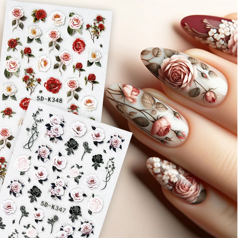 Flower Embossed 5D Nail Stickers Pink Red Flower Butterfly Design Self-Adhesive Sliders Manicure Valentine's Day Nail Decoration