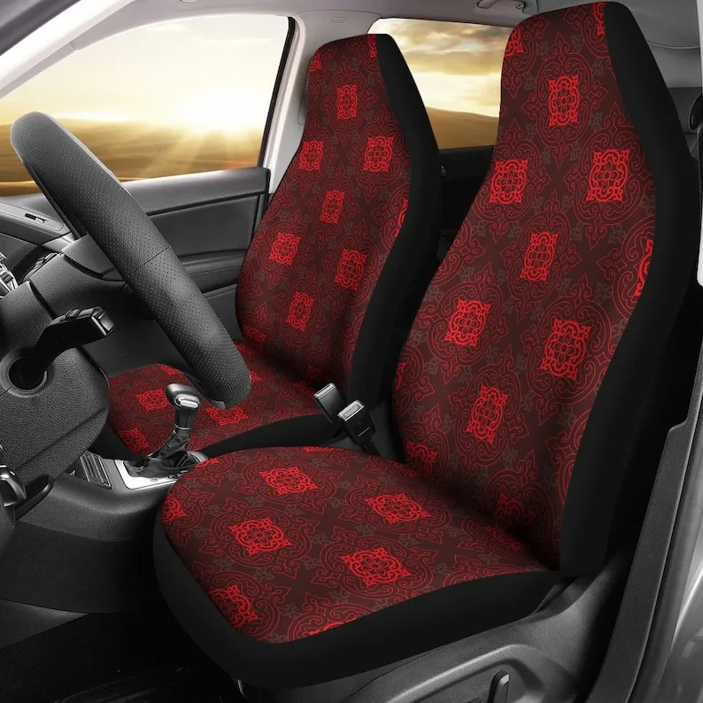 Red Classy Oriental Ethnic Car Seat Covers Pair, 2 Front Seat Covers, Car Seat Protector, Car Accessories