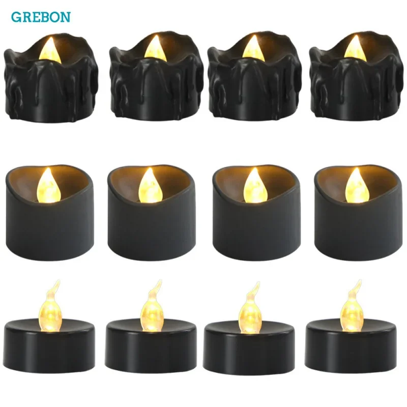 Black Flameless LED Candles Dripping Battery Operated Flickering Electronic Light Birthday Party Halloween Atmosphere Decoration