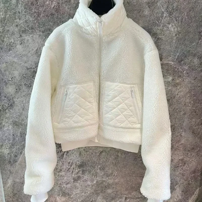 

Модная зимняя куртка на молнии с воротником-стойкой, осенне-зимняя теплая короткая куртка из плюша ягненка, женская верхняя одежда, однотонные белые утепленные пальто