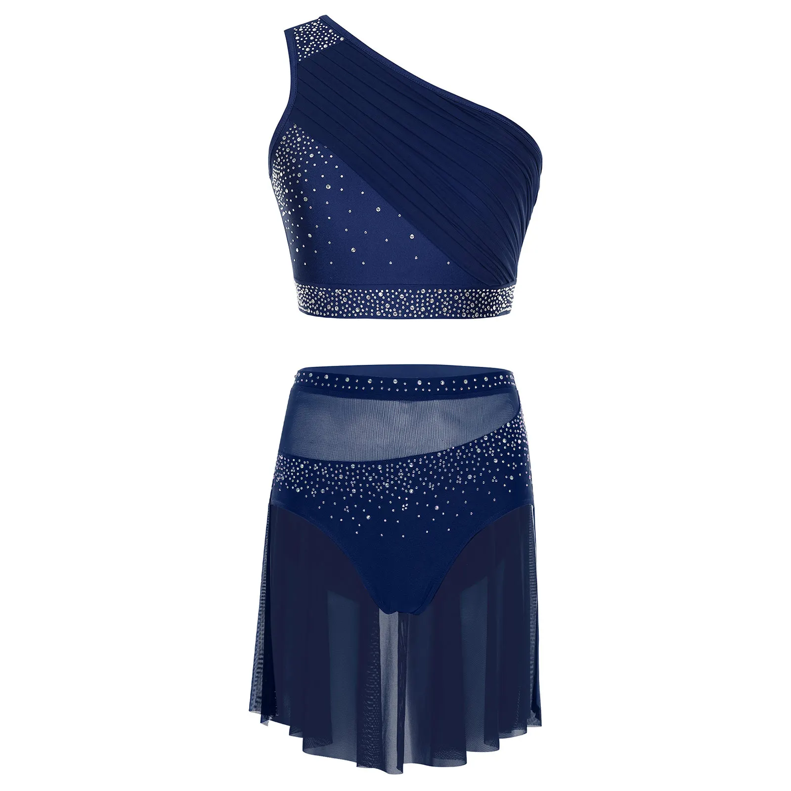 

Women Lyrical Latin Jazz Dance Outfit One Shoulder Sleeveless Jazz Crop Top And Skirt for Tango Salsa Rumba Chacha Dance Show