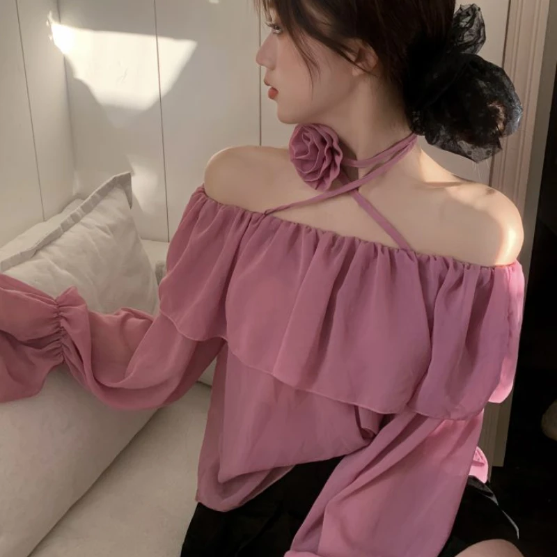 Blouses Women Elegant Loose Slash Neck Spring Korean Style Ruffles Casual Temperament Solid Flower Design Ladies All-match Chic