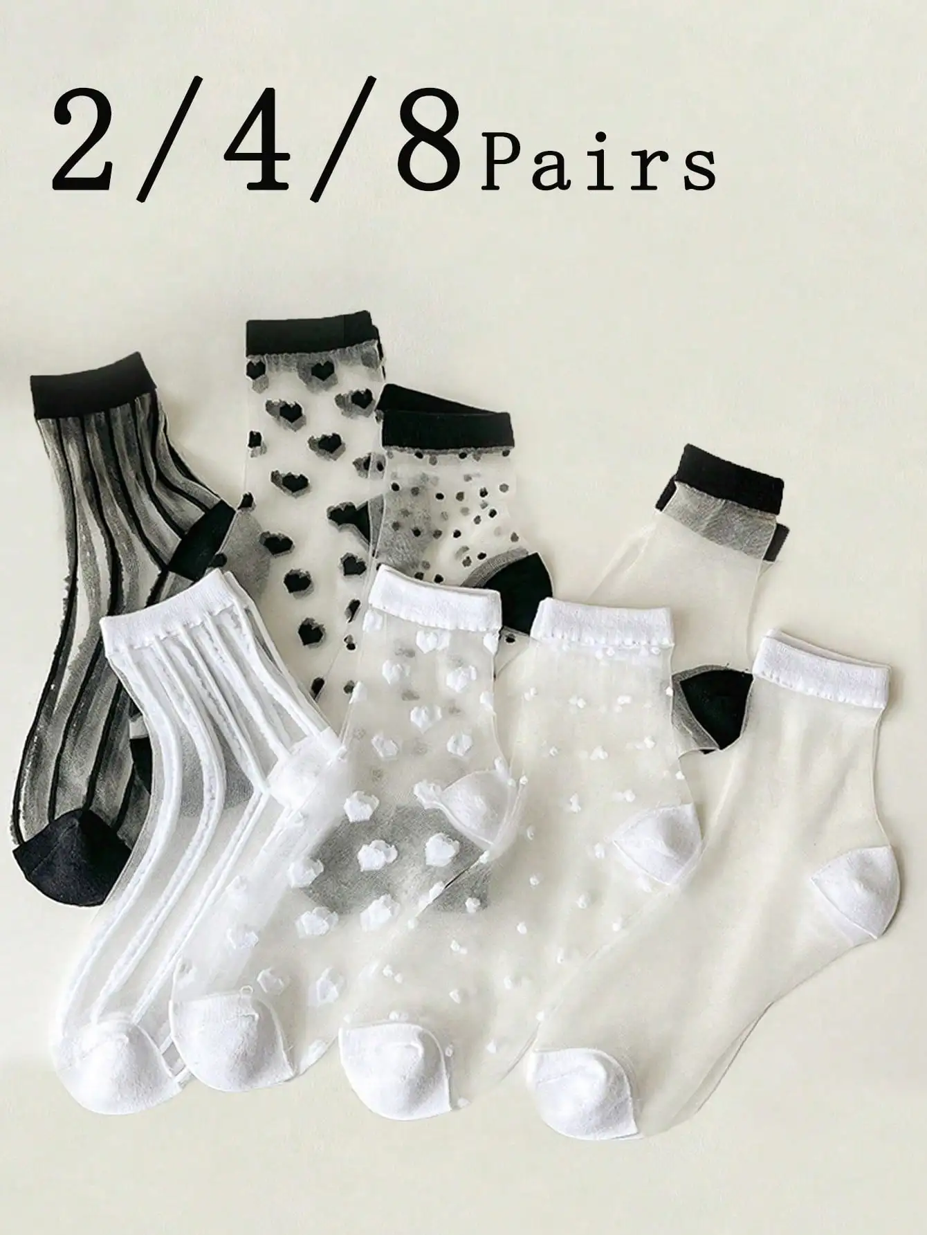 

2/4/8 Pairs Women's Black & White Sheer Crystal Silk Mid-Calf Casual Socks, Thin Spring/Summer