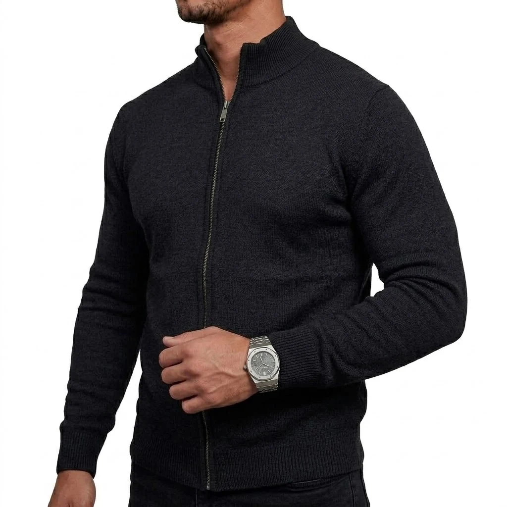 Herren-Strickjacke mit hohem Kragen und Reißverschluss, langärmelig, lässige Strickjacke, Mantel, Thermo-Strickware, Winter-Oberbekleidung mit Stehkragen – Detail 10