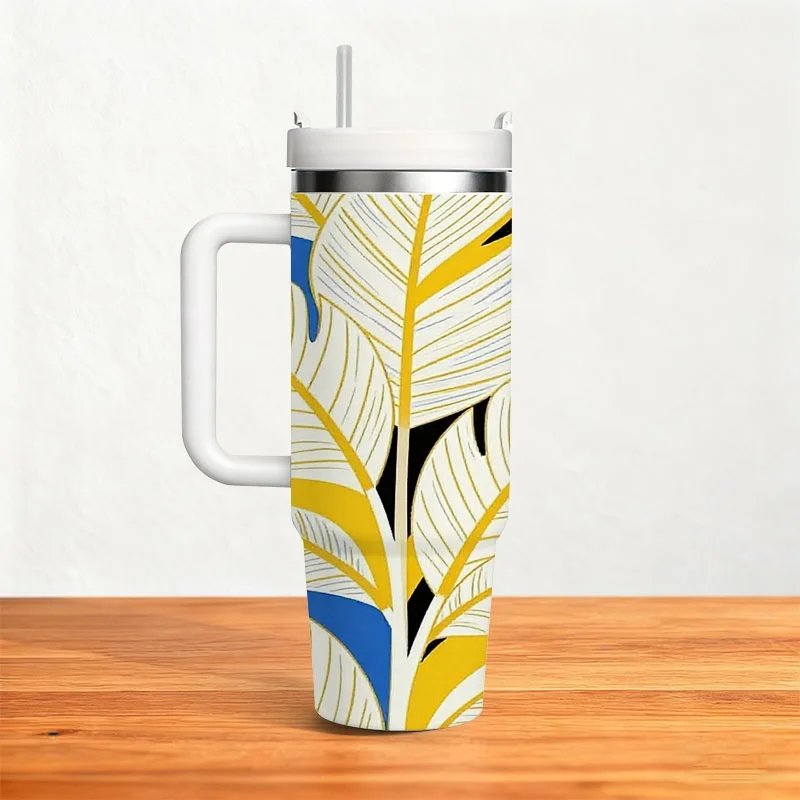 Vibrant Stylized Botanical Print 40Oz Stainless Steel Insulated Tumbler, Digital Printed Bold Graphic Mug with White Yellow-Outlined Leaves Against Pink Blue Black Background, Reusable Drink Cup for Home Office Outdoor Daily Use