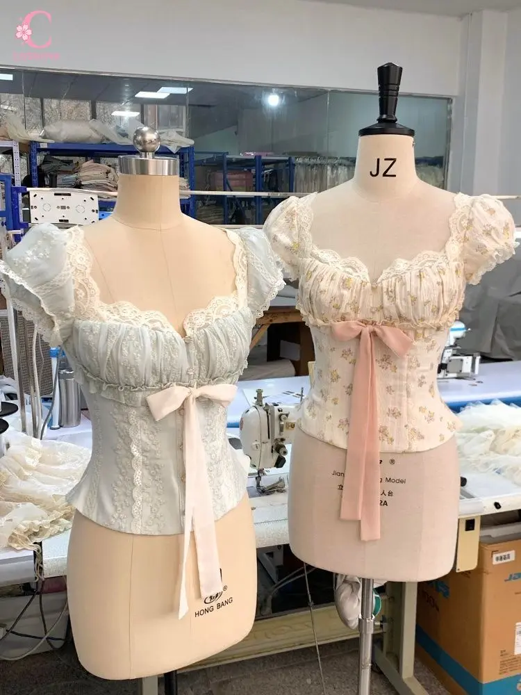 French Vintage Sweet Lace Trim Floral Blouse Women Bow Tie Front Ruched Crop Top Coquette Harajuku Y2K Summer Outfit Chic Retro
